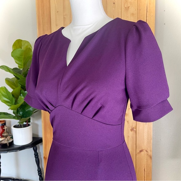 Miusol Retro 40’s Style Purple V-waist Puff Sleeve Bodycon Knee Length Dress - Picture 3 of 16